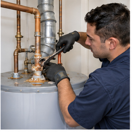 Golden Bay plumber working on a residential water heater